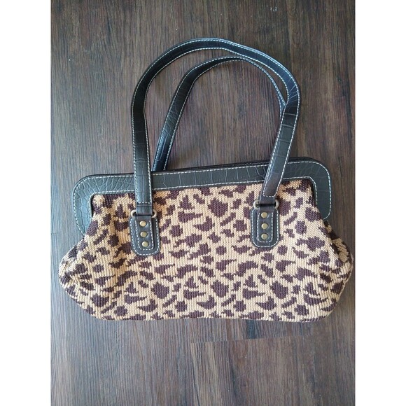 The Sak Tan Brown Knit Animal Print Faux Leather Double Handle Shoulder Bag Larg - Picture 2 of 5